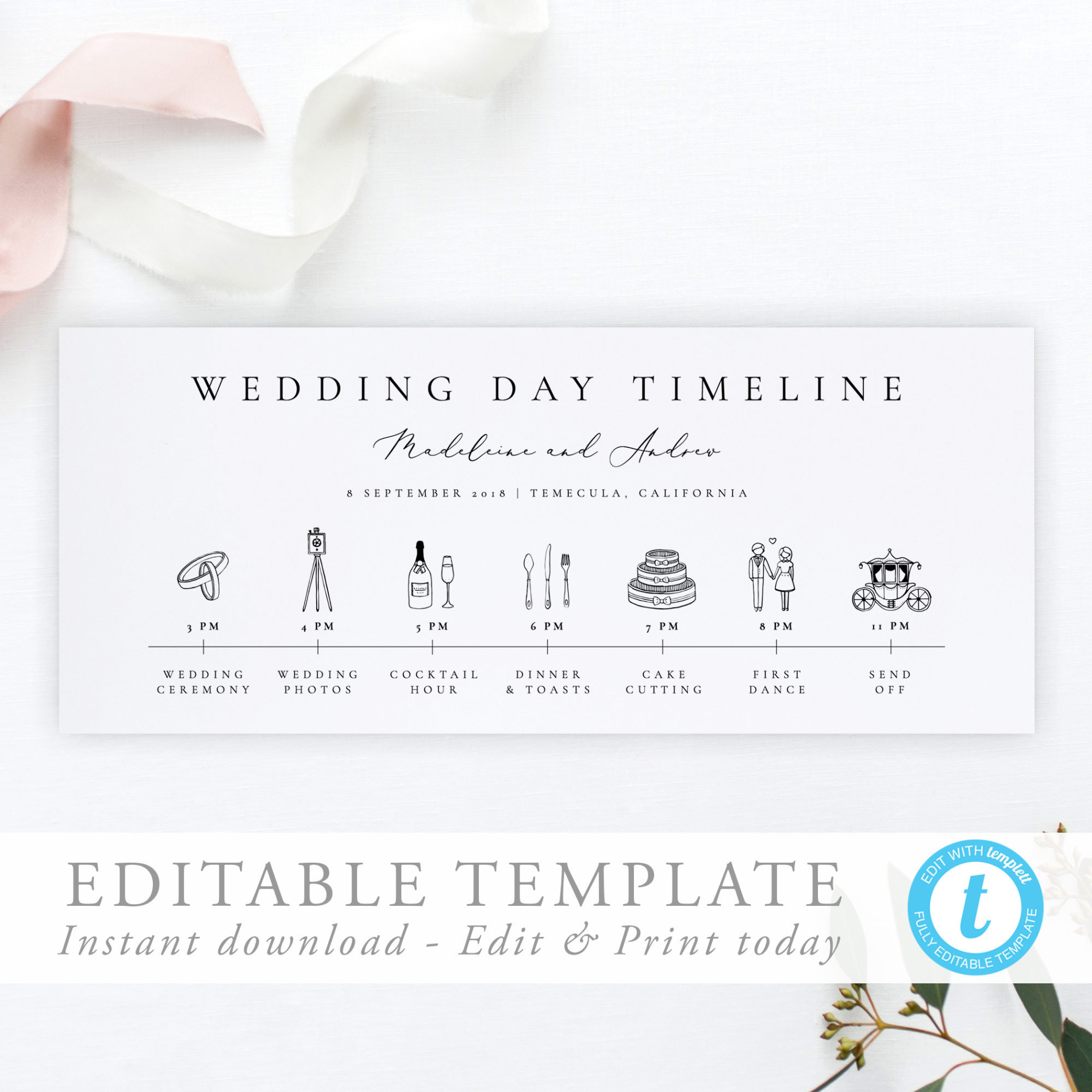 Free Costum Modern Wedding Day Timeline Card Template Simple Wedding  Etsy Australia Ppt Sample