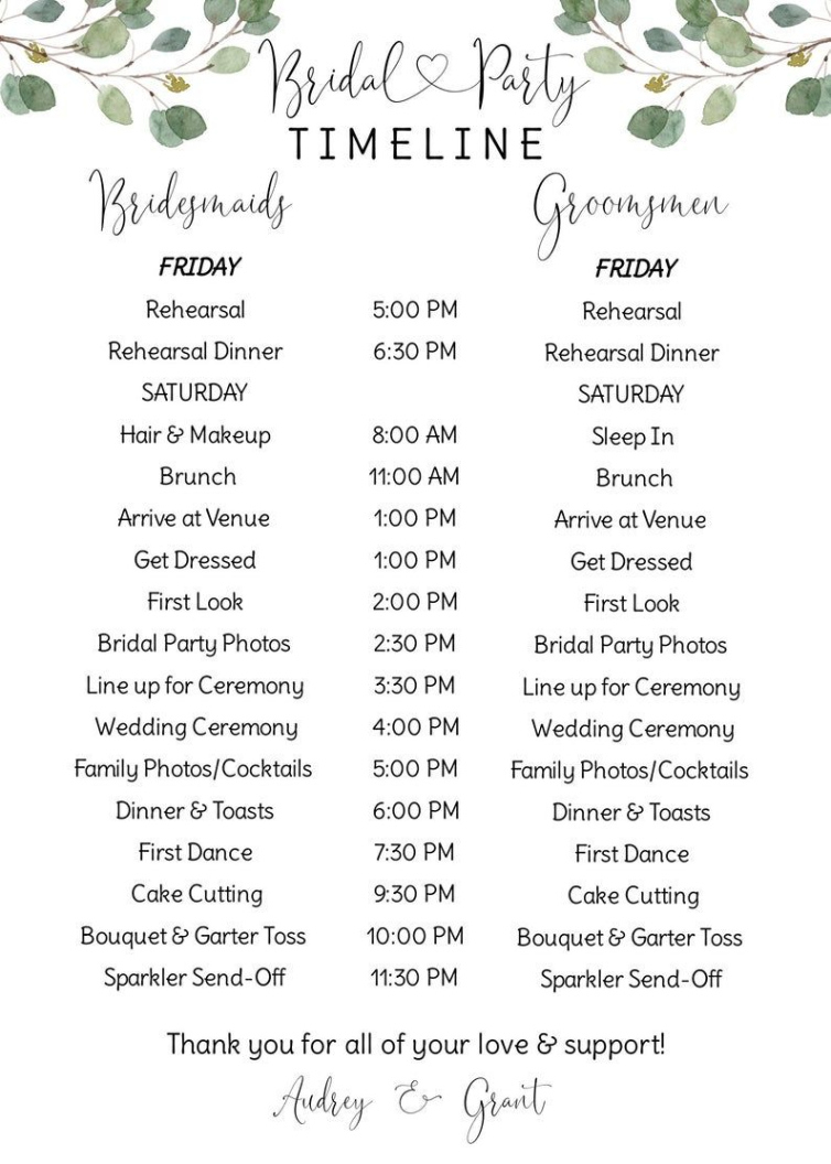 Free Editable Bridal Party Itinerary Minimalist Wedding Timeline Order Of Events Bridesmaid  Groomsmen Ppt Sample