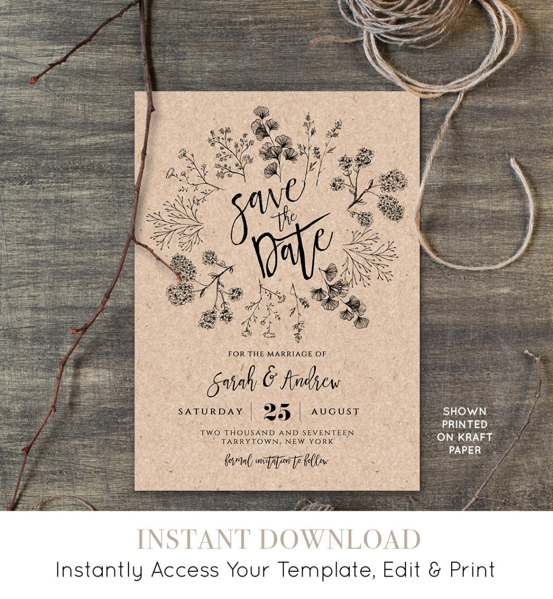 Printable Rustic Save The Date Template Instant Download Printable Kraft Word