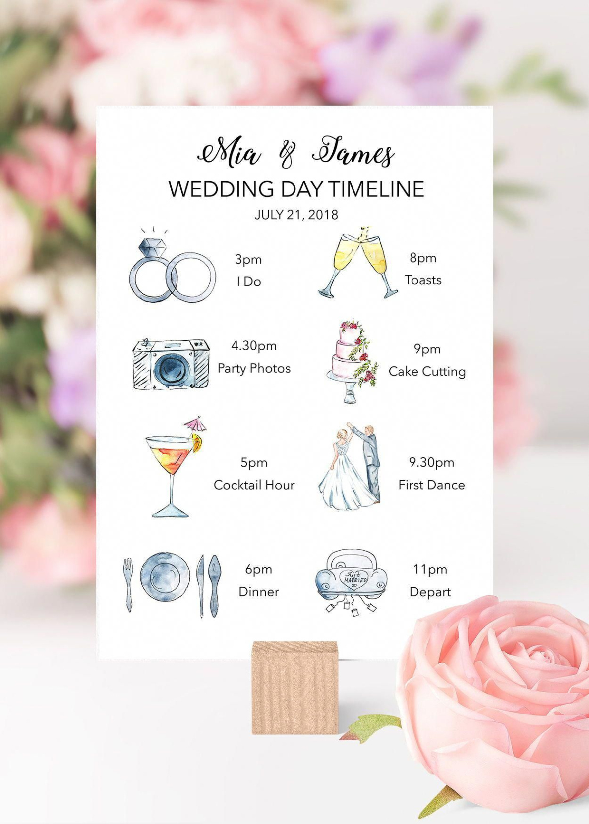 Watercolor Printable Wedding Timeline Wedding Itinerary With Icons Illustrated Wedding Guest Pdf