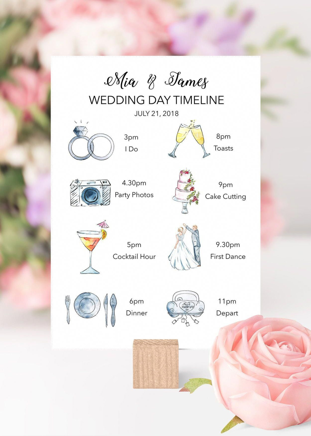 Watercolor Printable Wedding Timeline Wedding Itinerary With Icons Illustrated Wedding Guest Word Sample