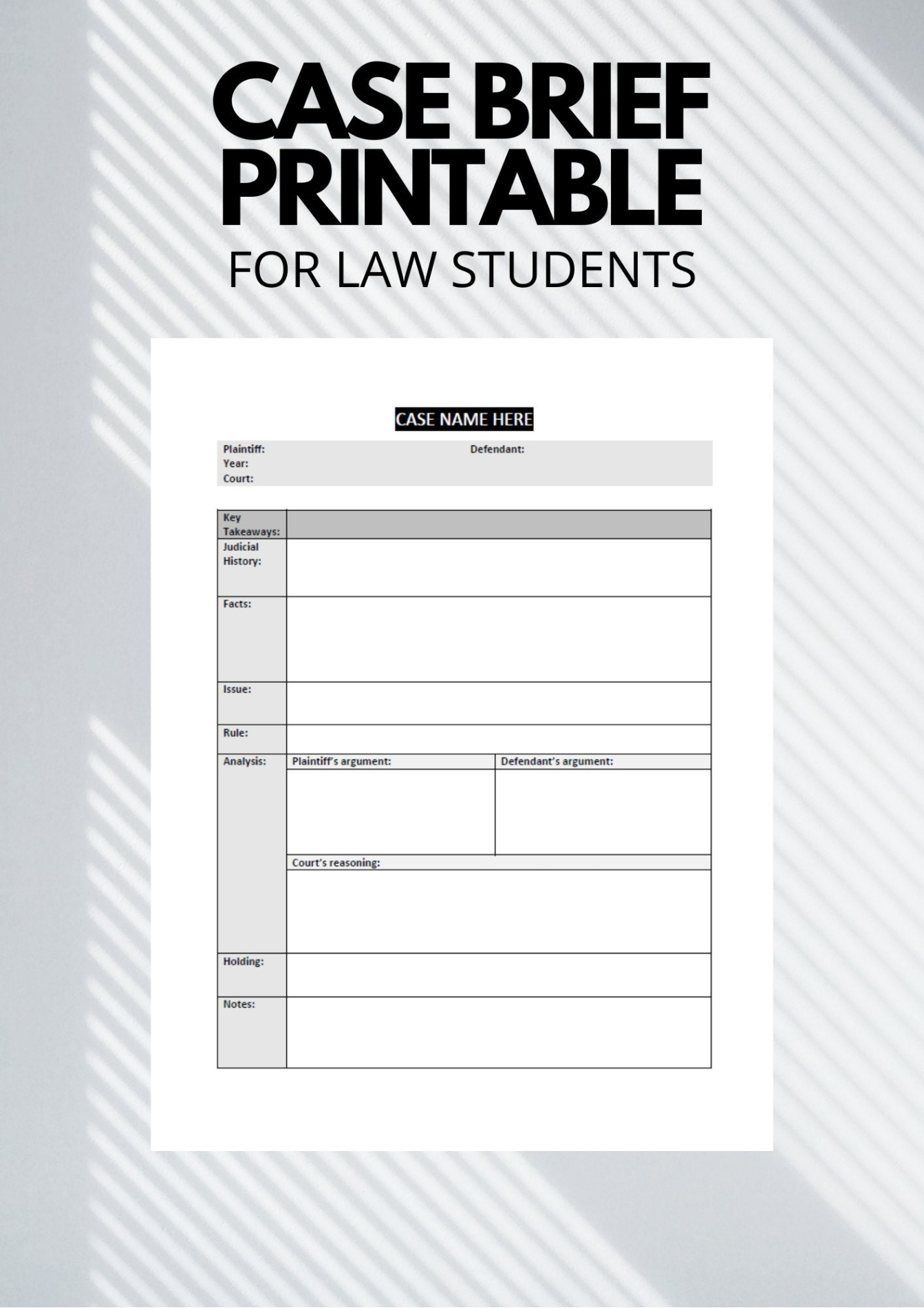 Editable Legal Case Brief Summary Outline Template For Law Students  Etsy Word Example