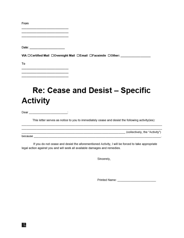 Blank Cease And Desist Harassment Letter Template Word