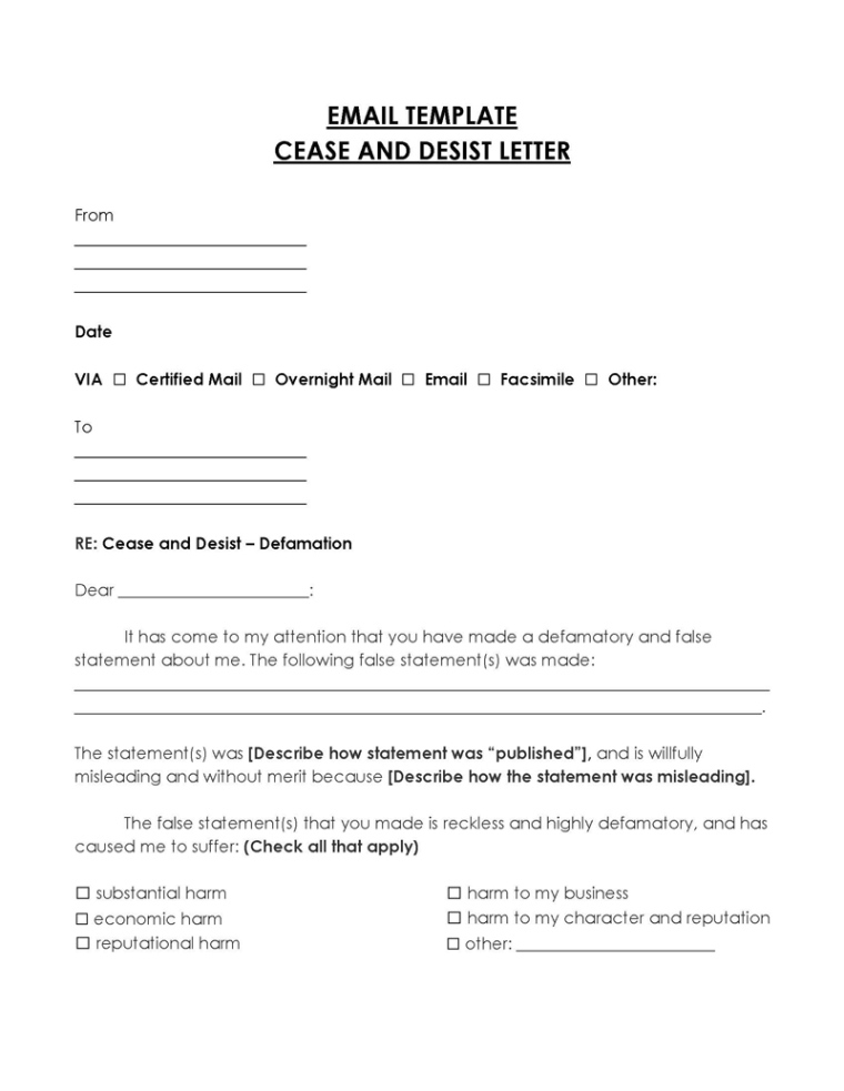 Blank Cease And Desist Libel Letter Template Doc