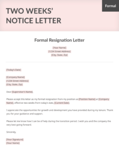 Blank Formal Two Week Notice Letter Template Example