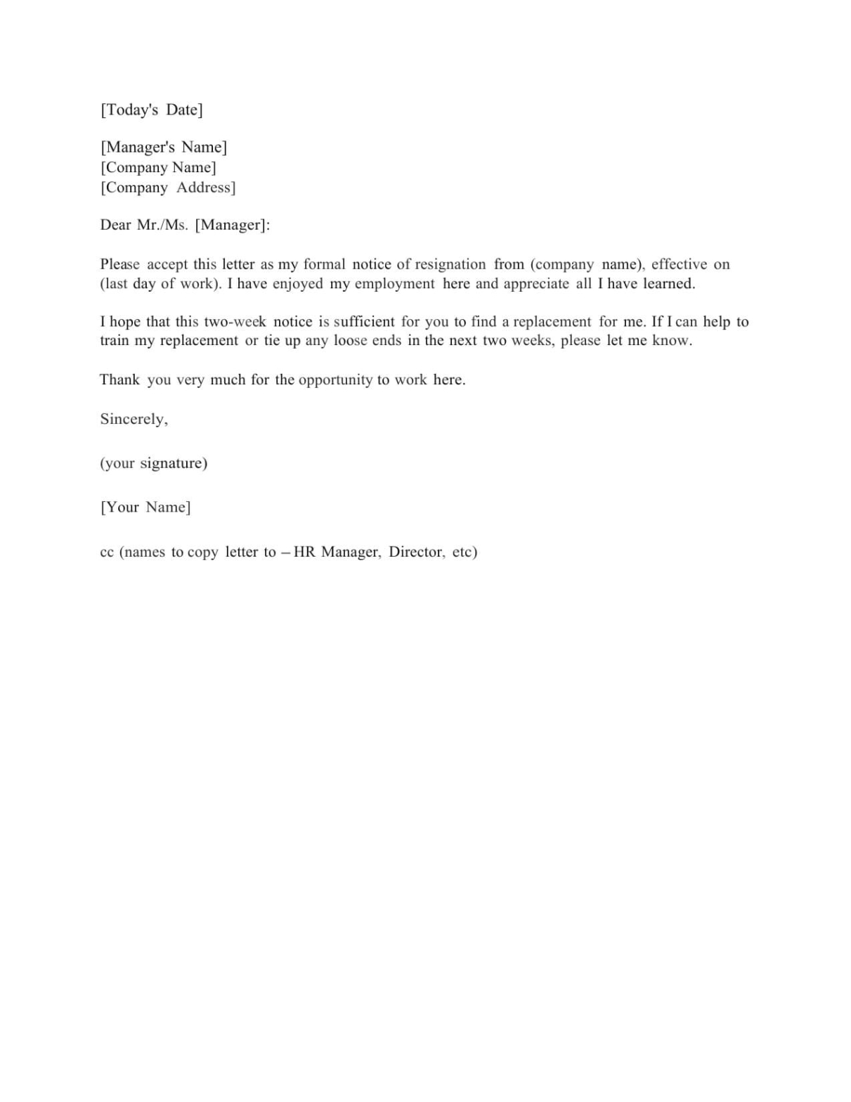 Blank Professional Two Weeks Notice Letter Template Doc