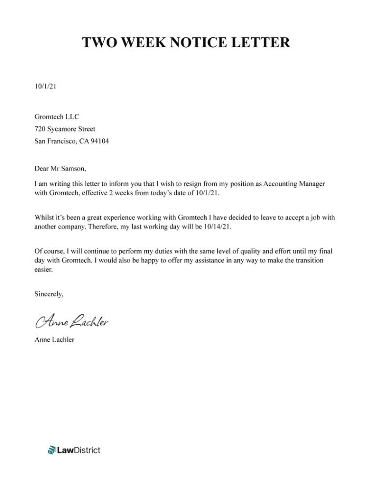 Blank Resignation Letter Two Weeks Notice Template Doc