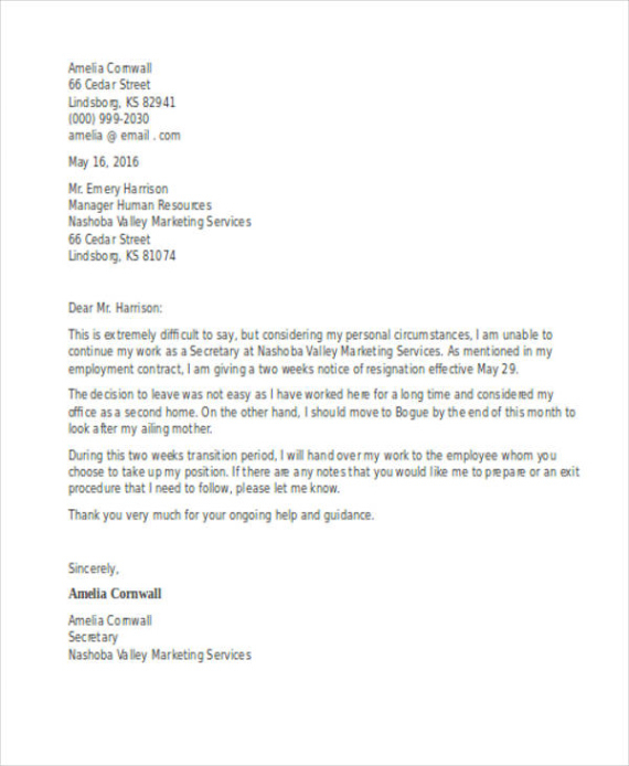 Blank Two Weeks Notice Letter Short And Sweet Template Excel