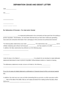 Editable Cease And Desist Defamation Letter Template Excel