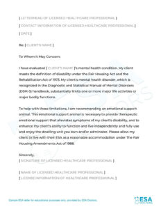 Editable Emotional Support Animal Letter Housing Template Doc