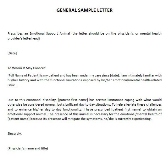 Editable Emotional Support Animal Letter Texas Template Word