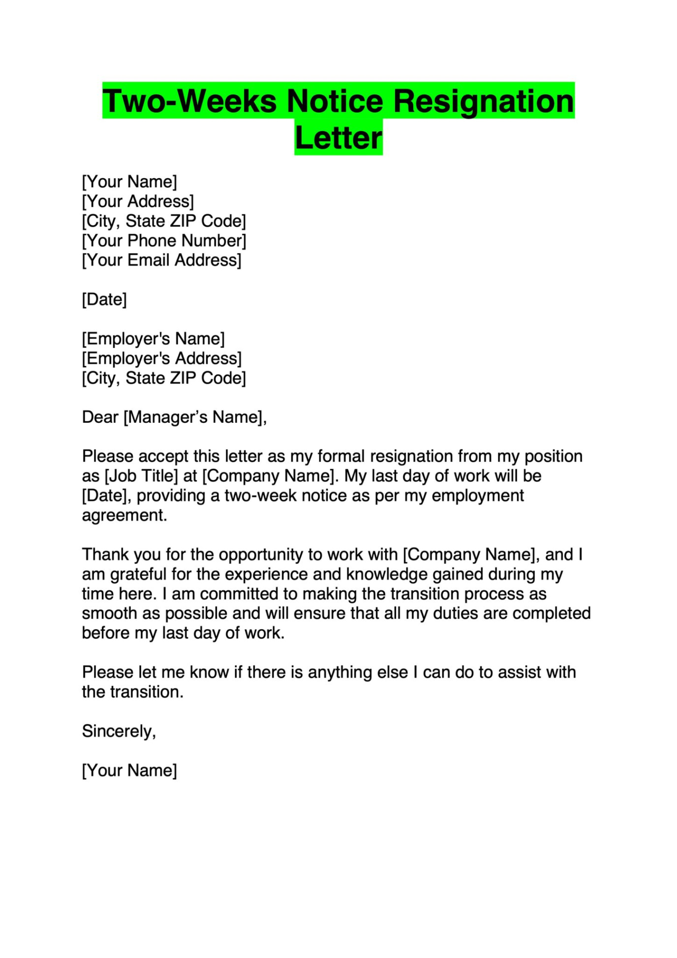 Editable Simple Two Week Notice Letter Template