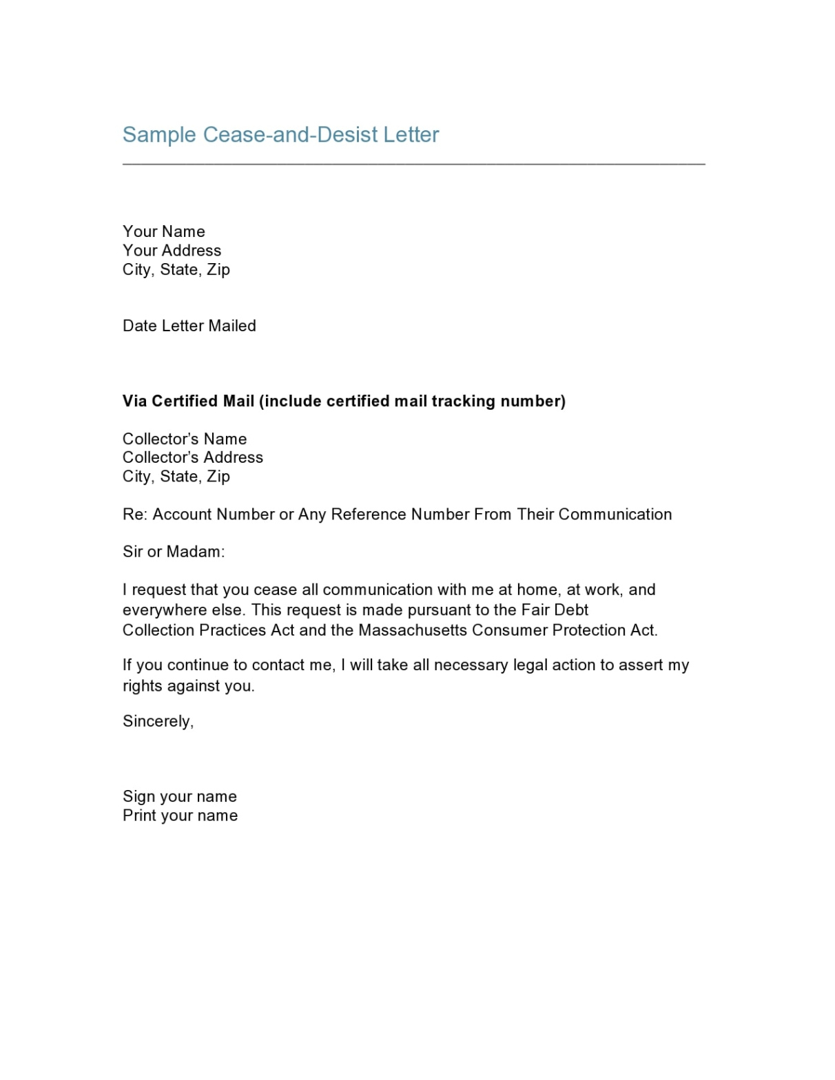 Free Blank Cease And Desist Debt Collection Letter Template Sample