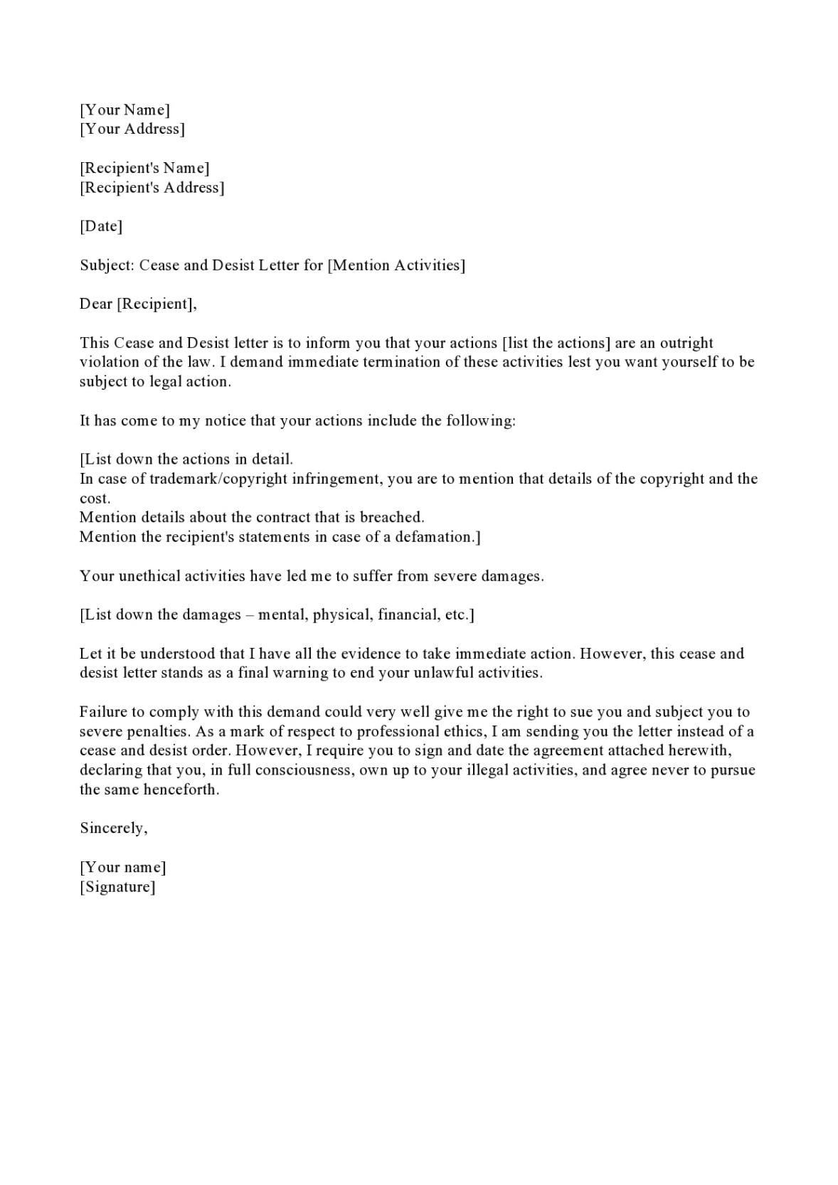 Free Blank Cease And Desist Letter Employee Poaching Template Doc