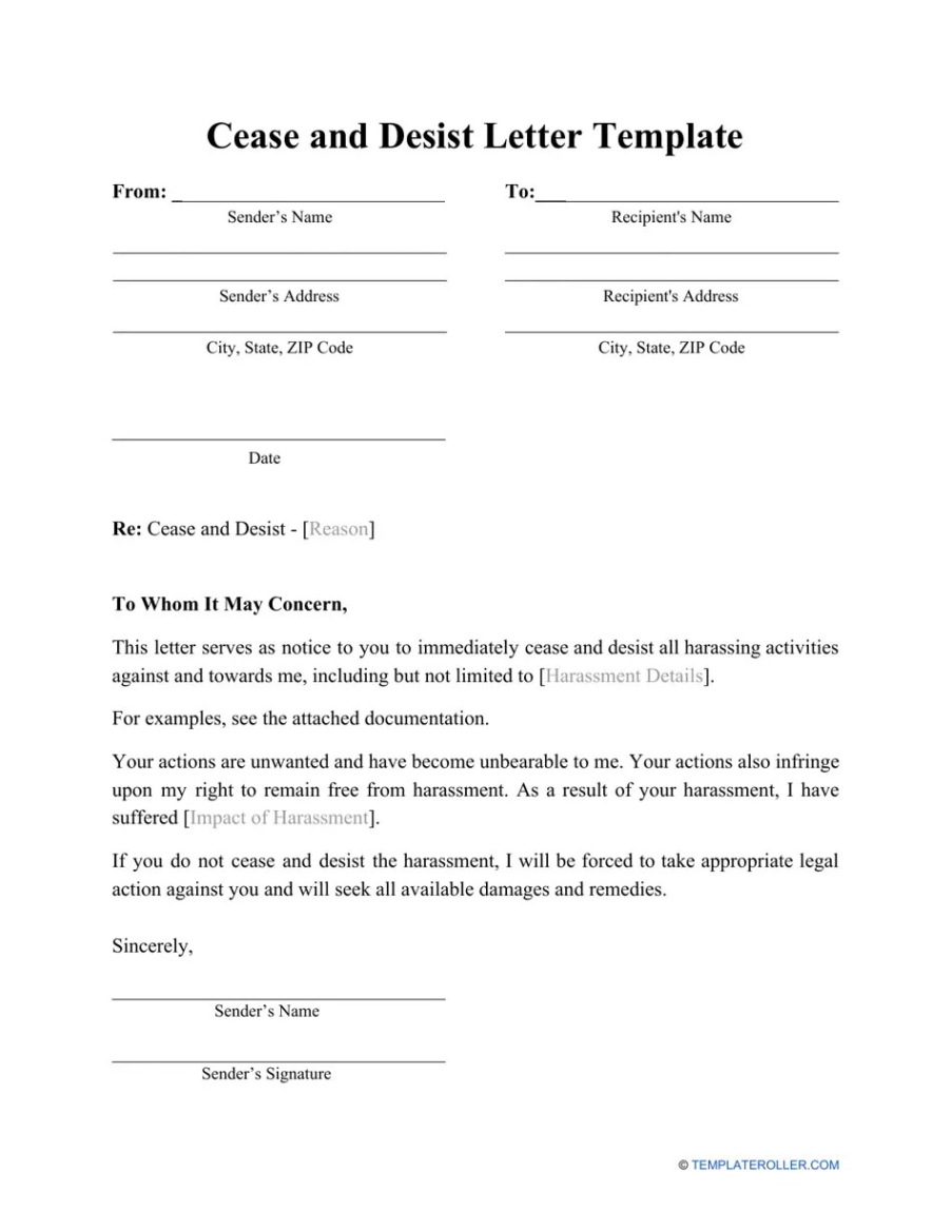 Free Blank Harassment Personal Cease And Desist Letter Template Sample