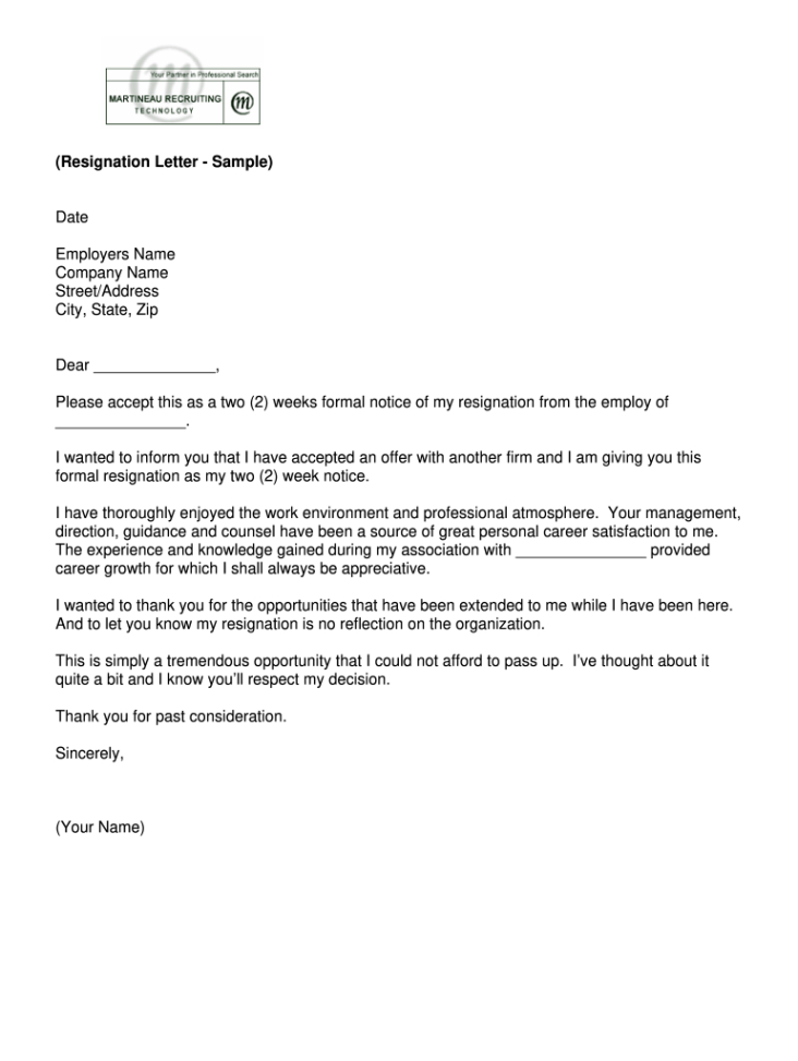 Free Blank Professional Two Weeks Notice Letter Template Pdf