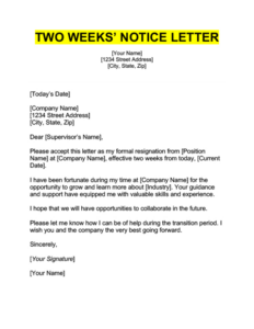 Free Editable Resignation Letter Two Weeks Notice Template Doc