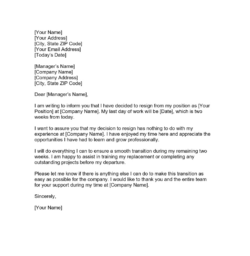 Free Printable Formal Two Week Notice Letter Template Example