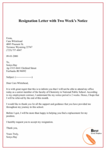 Free Printable Resignation Letter Two Weeks Notice Template Word