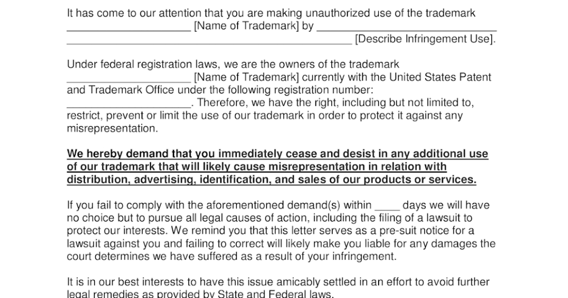 Free Sample Trademark Infringement Cease And Desist Letter Template Excel