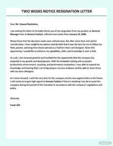 Printable Letter For Two Weeks Notice Template Pdf