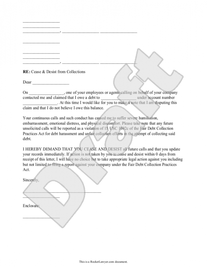 Sample Debt Collector Cease And Desist Letter Template