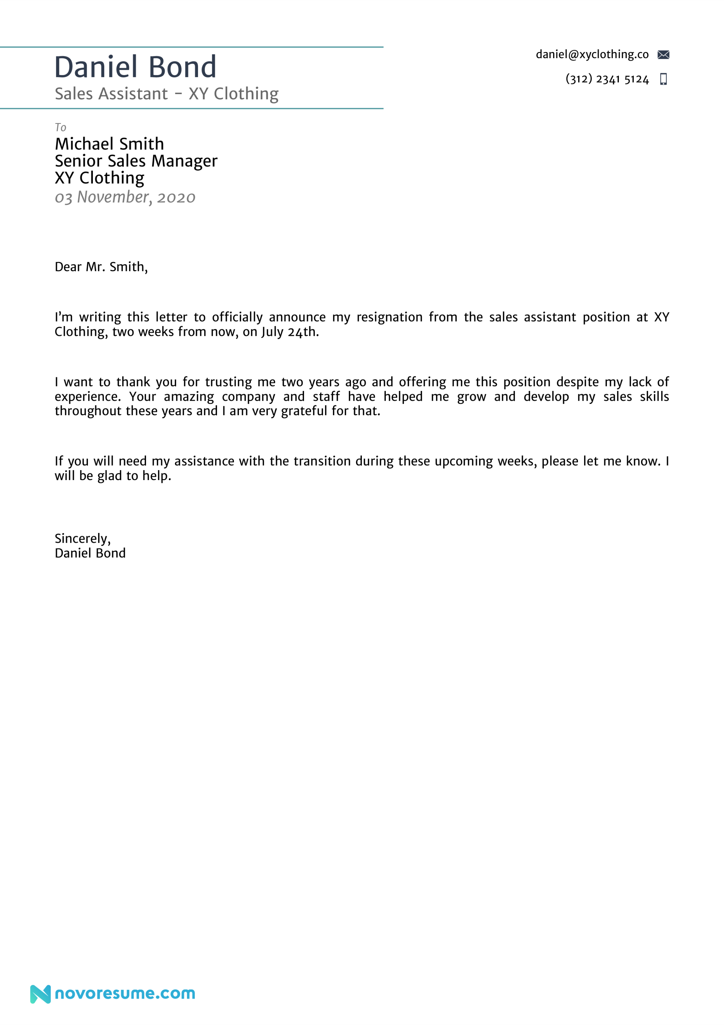 Sample Professional Two Weeks Notice Letter Template Doc