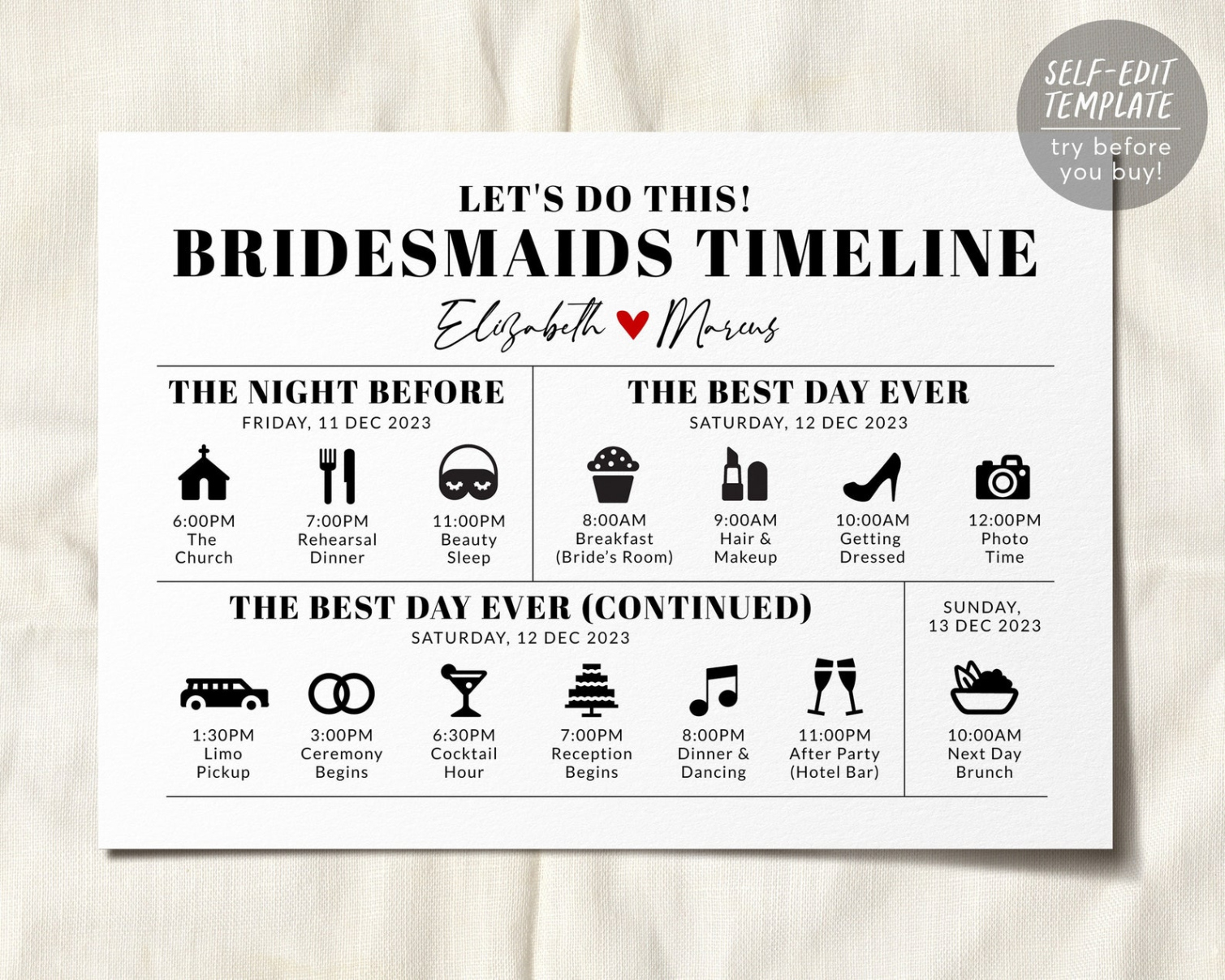 Editable Editable Wedding Day Timeline Bridesmaids Itinerary Template  Etsy Ppt Example