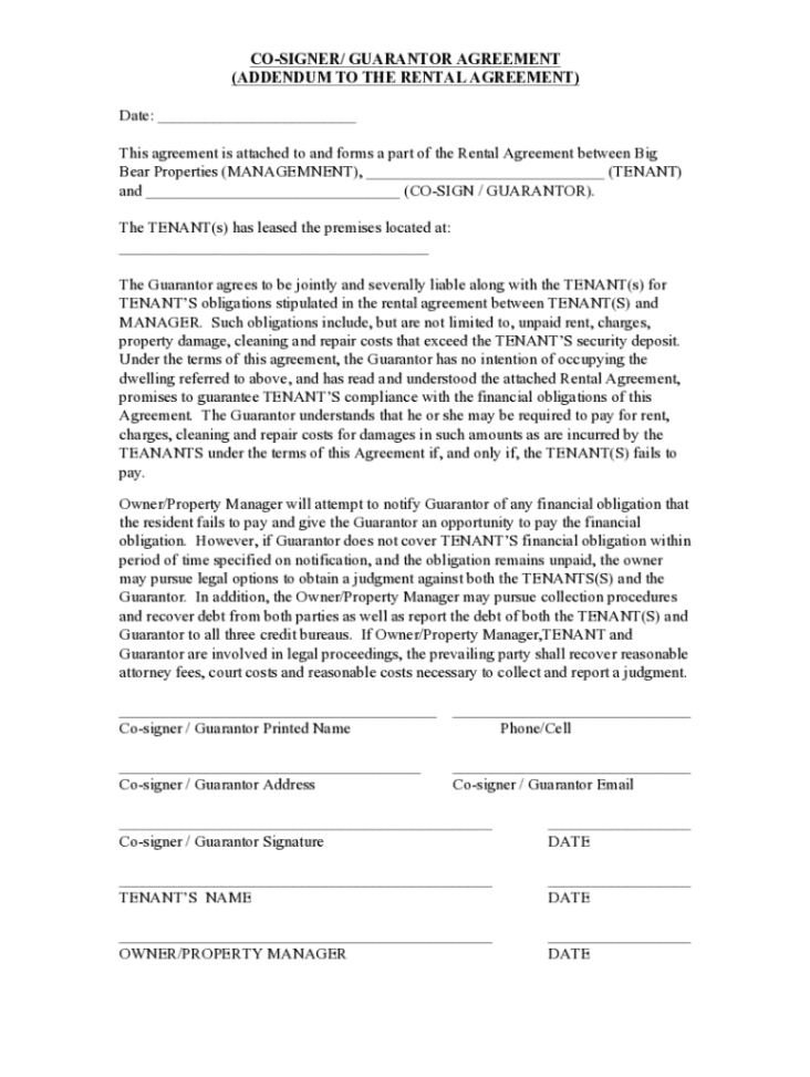 fillable online cosigner addendum template rent protection with one co signer agreement template excel