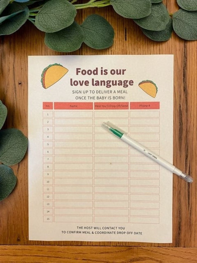 free baby shower meal train sign up sheet tacos printable  etsy meal train sign up sheet template doc