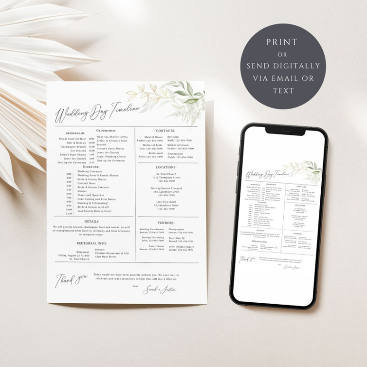 Wedding Day Timeline Template Printable Wedding Party  Etsy Excel Example