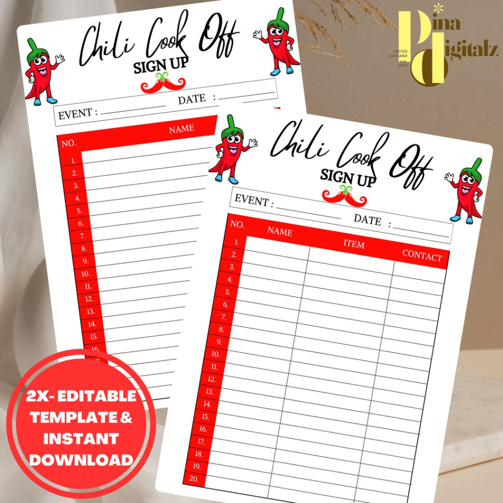 Blank Chili Cook Off Sign Up Sheet Template Doc Sample