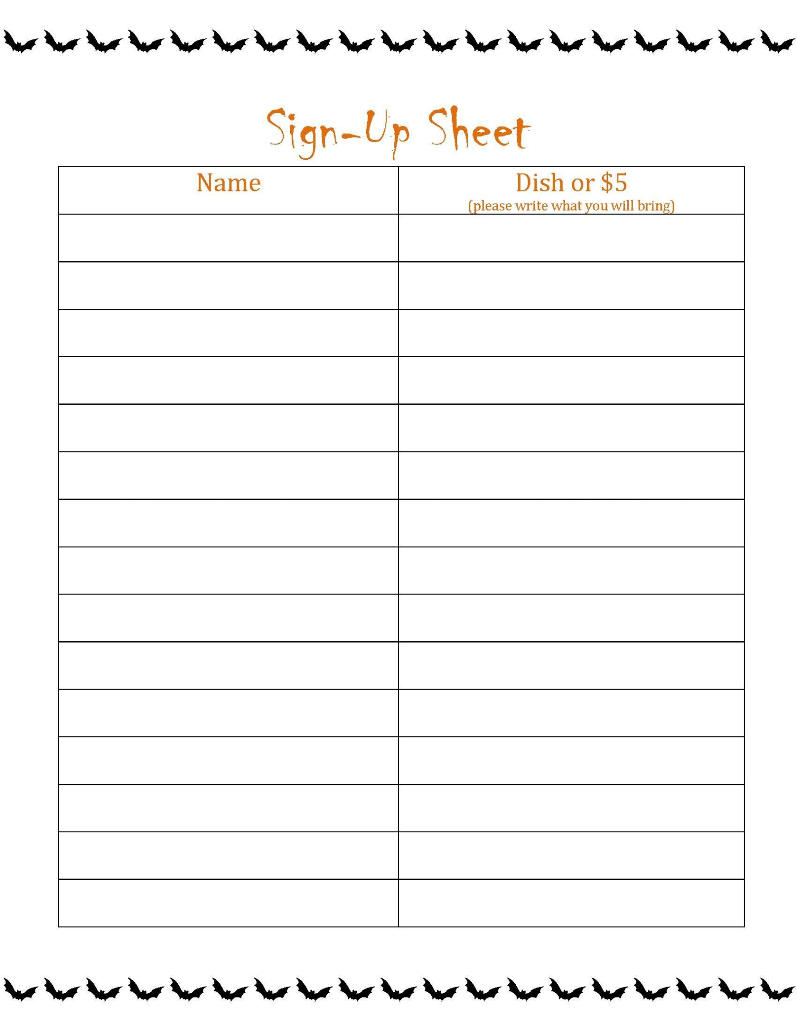 Custom Class Party Sign Up Sheet Template Pdf