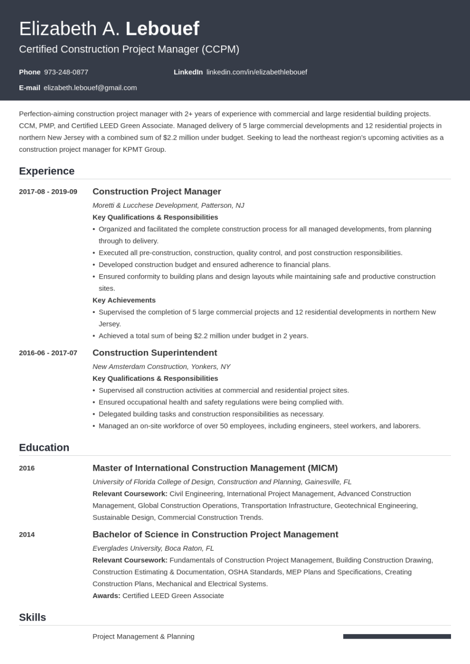 Free Blank Construction Project Management Resume Templates Sample