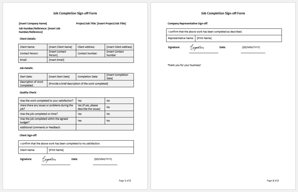 Free Custom Job Completion Sign Off Form Template Word Sample