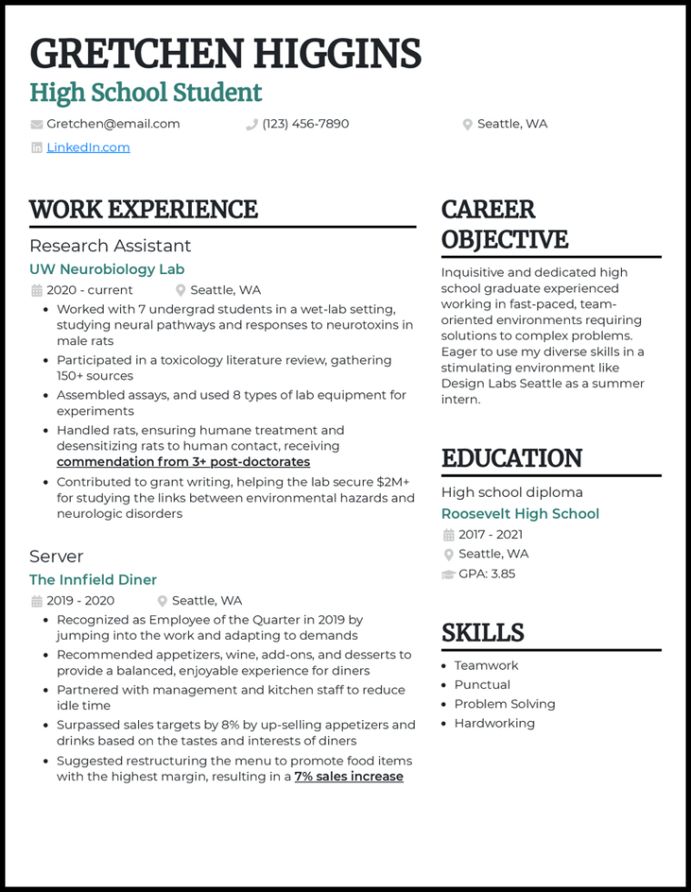 Free Printable College Resume For High School Students Template Word