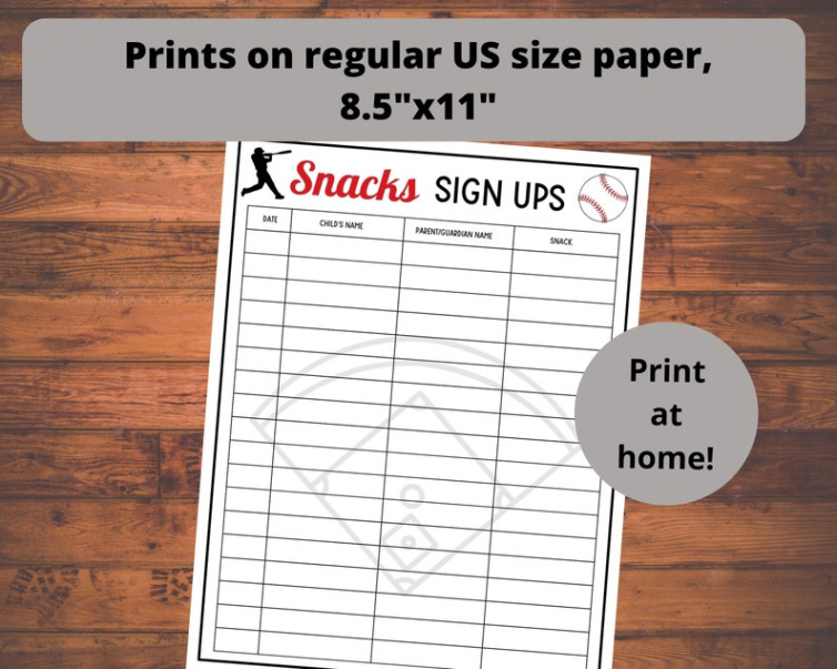 Printable Baseball Snack Sign Up Sheet Template Word Sample