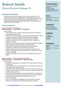 Printable Human Resources Manager Resume Template Example