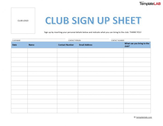 Printable School Club Sign Up Sheet Template Doc