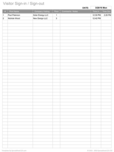 Printable Visitor Sign In Out Sheet Template Word Sample