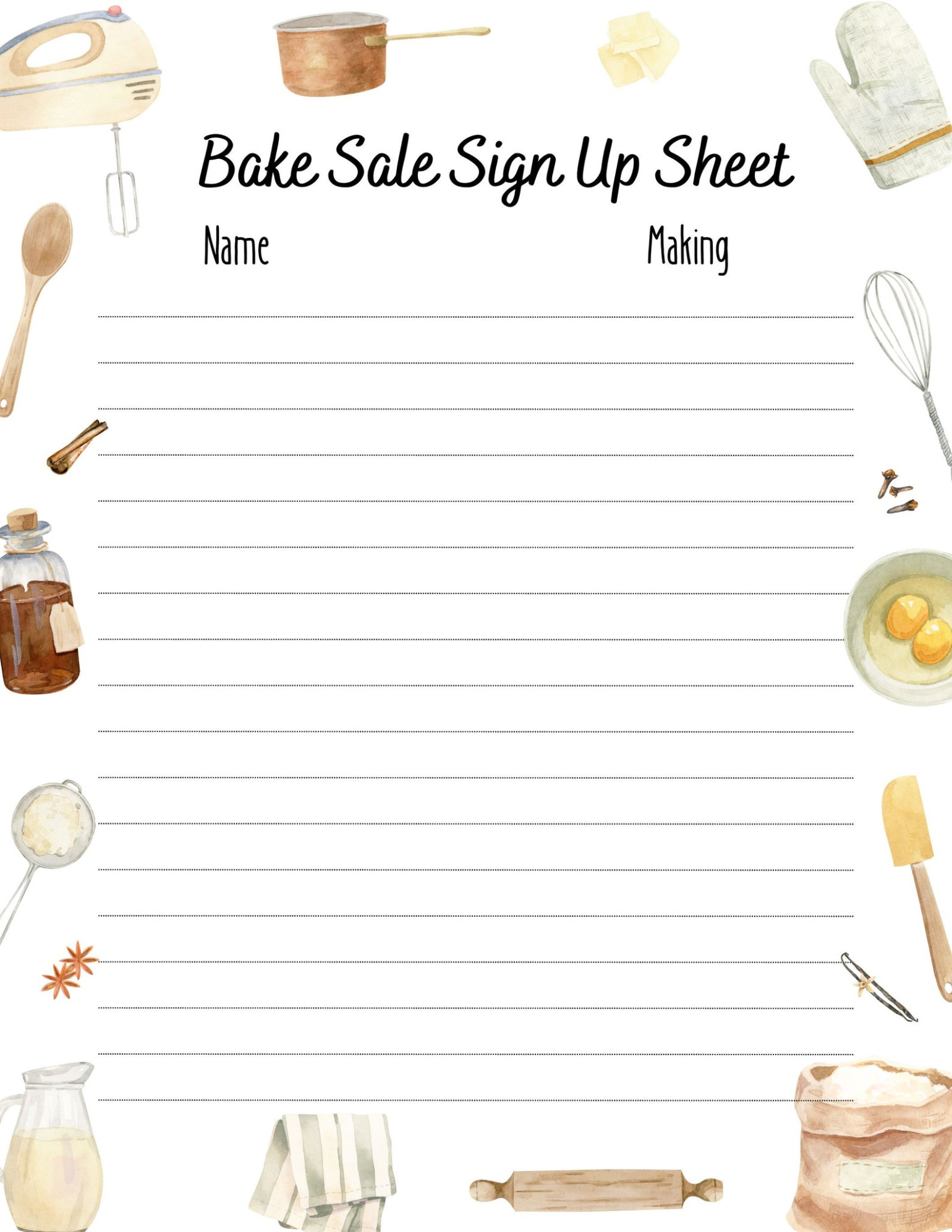 Bake Sale Sign Up Sheet Template Doc Sample