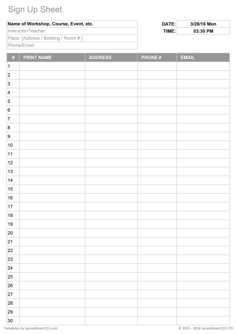 Blank Golf Team Sign Up Sheet Template Word Sample