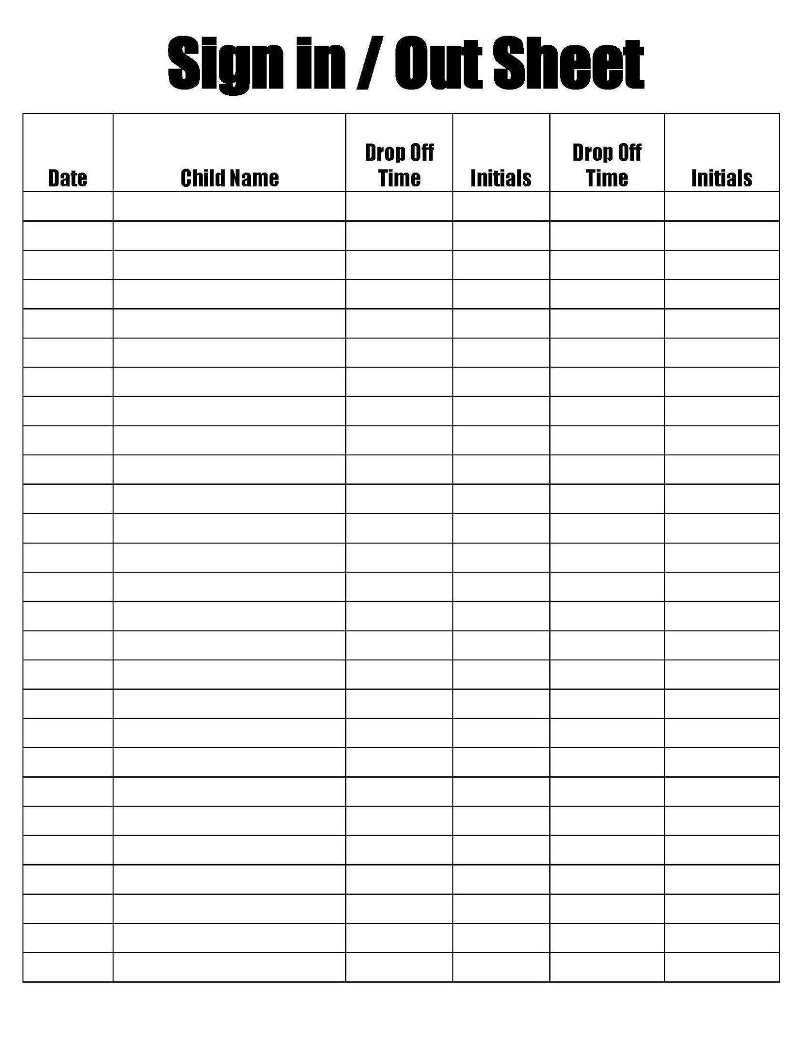 Child Care Sign In And Out Sheet Template Doc