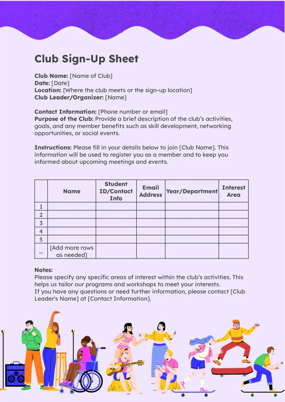 Custom Book Club Sign Up Sheet Template Pdf Sample