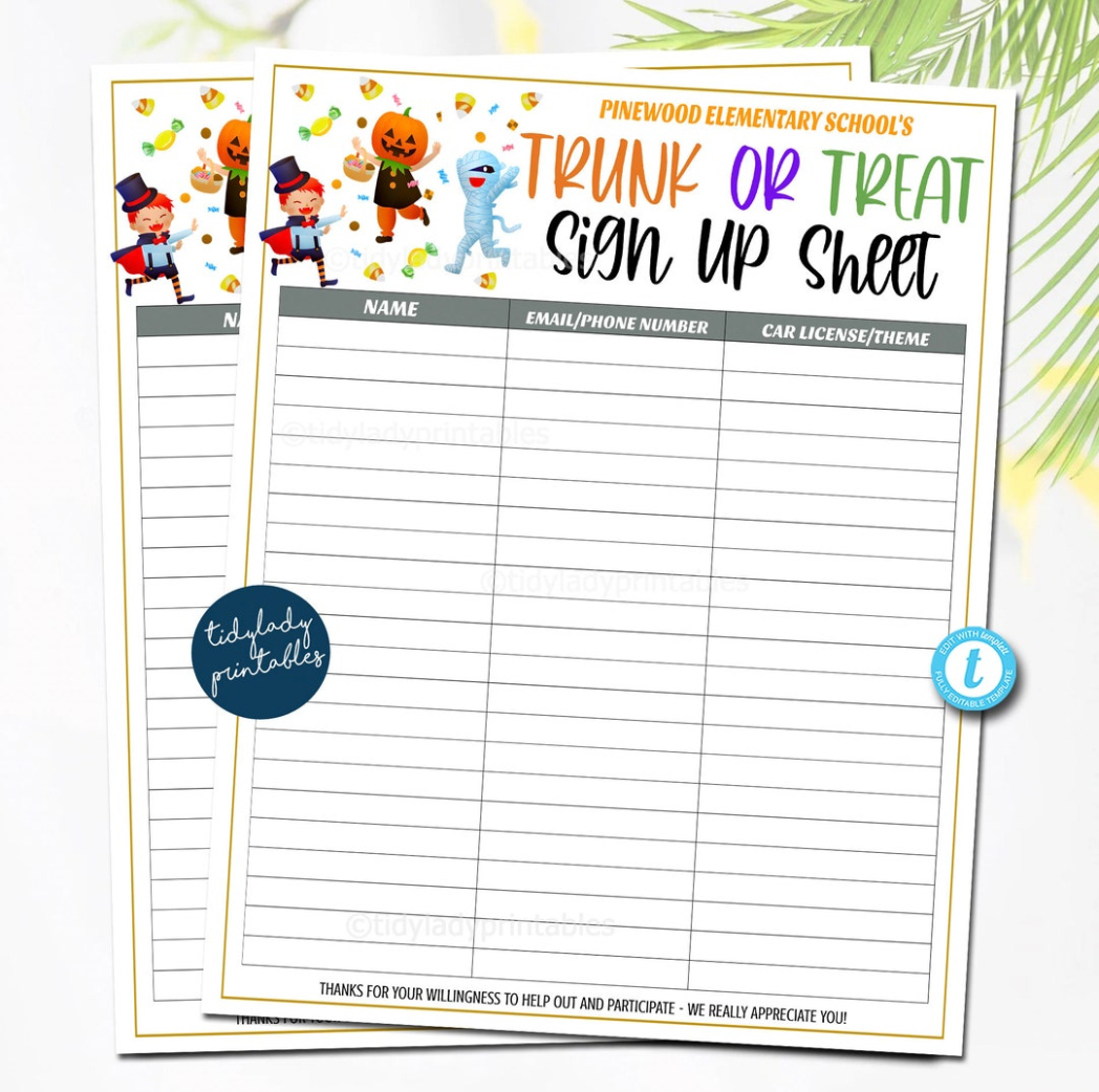 Custom Trunk Or Treat Sign Up Sheet Template Doc Sample