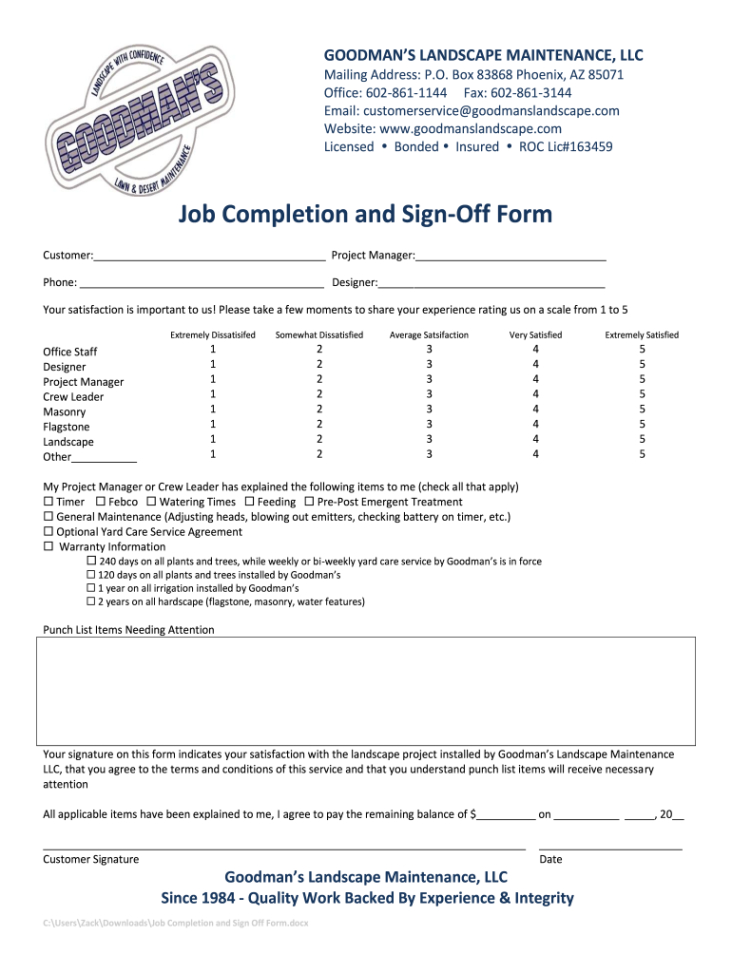 Editable Task Sign Off Sheet Template Doc Sample