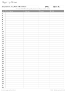 Free Blank School Club Sign Up Sheet Template Excel