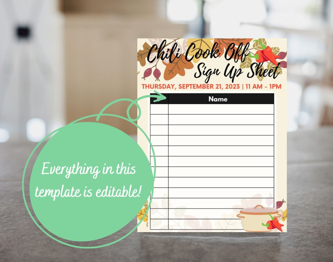 Free Printable Chili Cook Off Sign Up Sheet Template Excel Sample