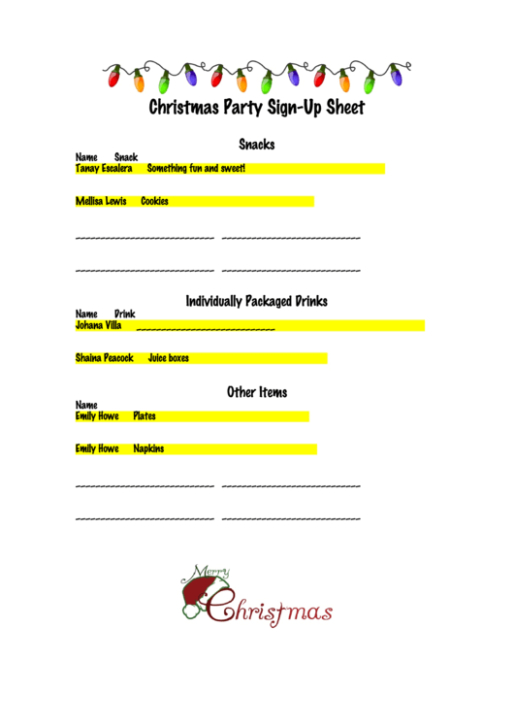 Printable Christmas Party Sign Up Sheet Template Word