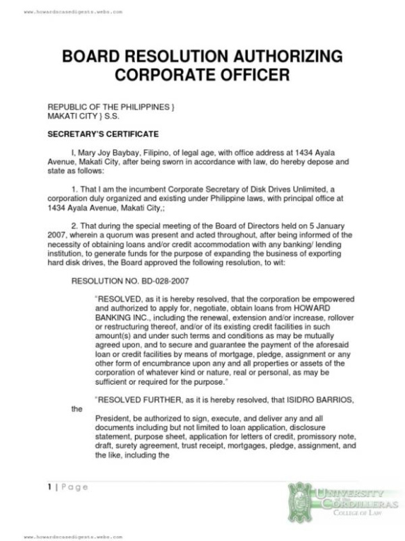 Printable Corporate Resolution For Signing Authority Template